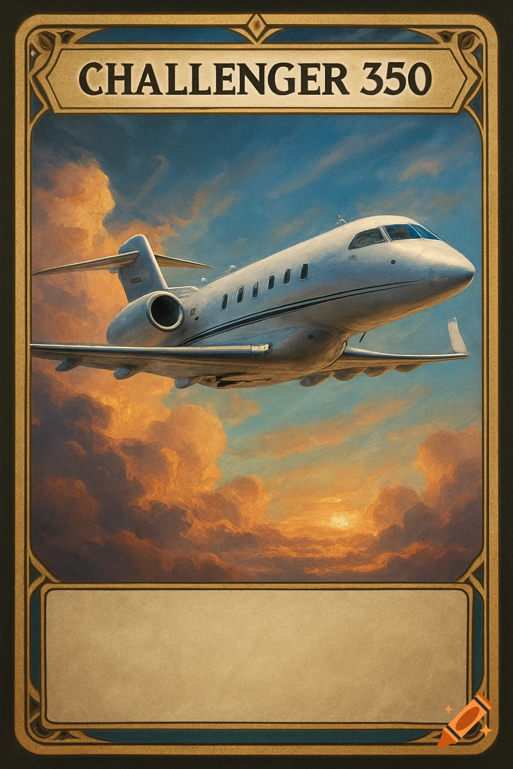 A trading card featuring a business jet flying through sunset clouds.