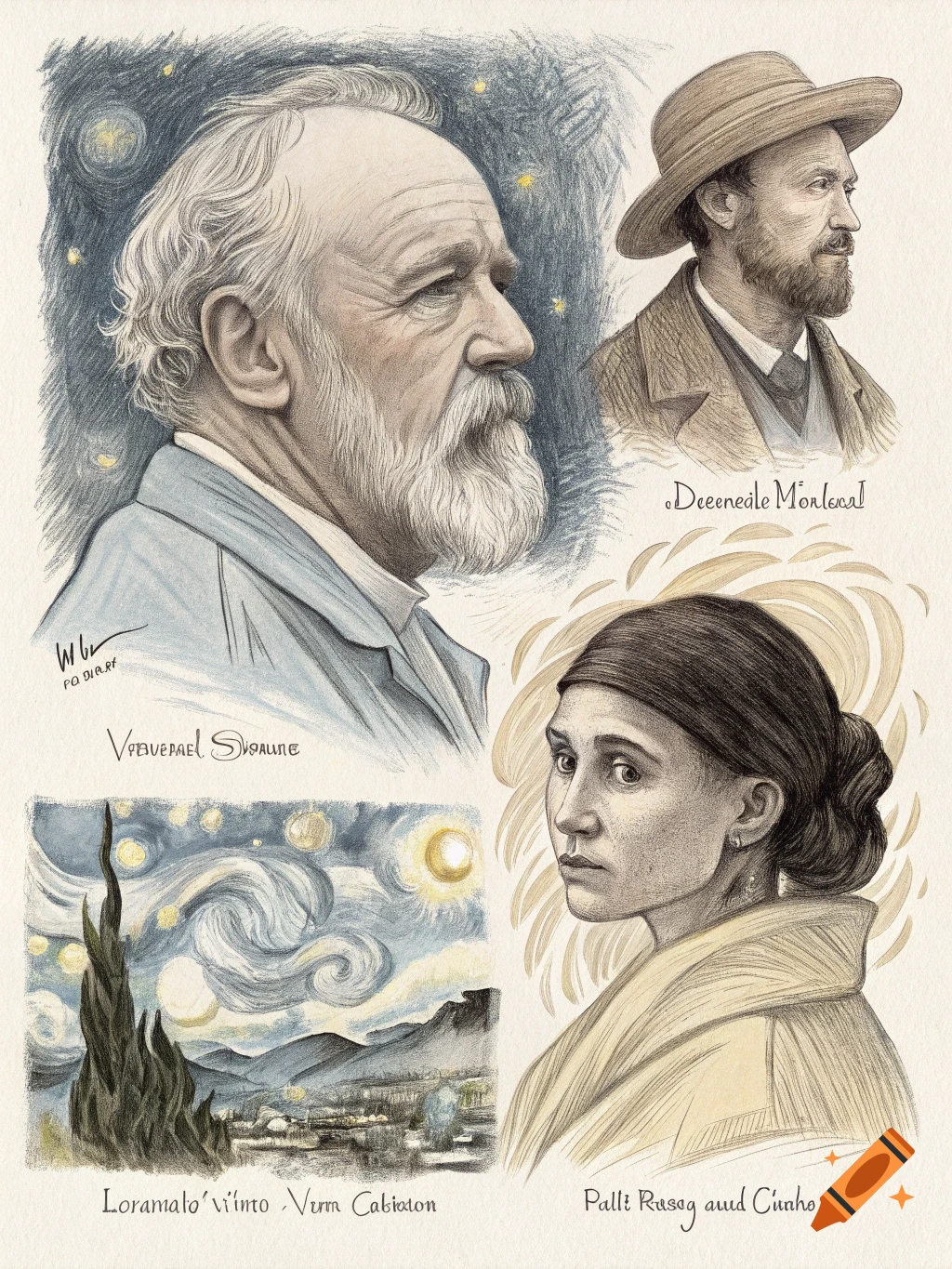 Illustration featuring three portraits of people and a landscape scene in a sketch style with color.