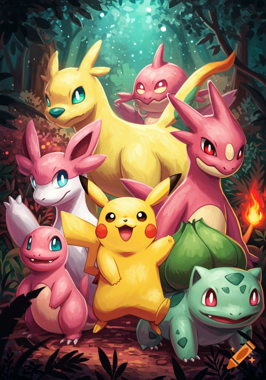 A group of colorful Pokemon characters, including Pikachu, Charmander, and Bulbasaur, in a lush forest, anime-inspired.