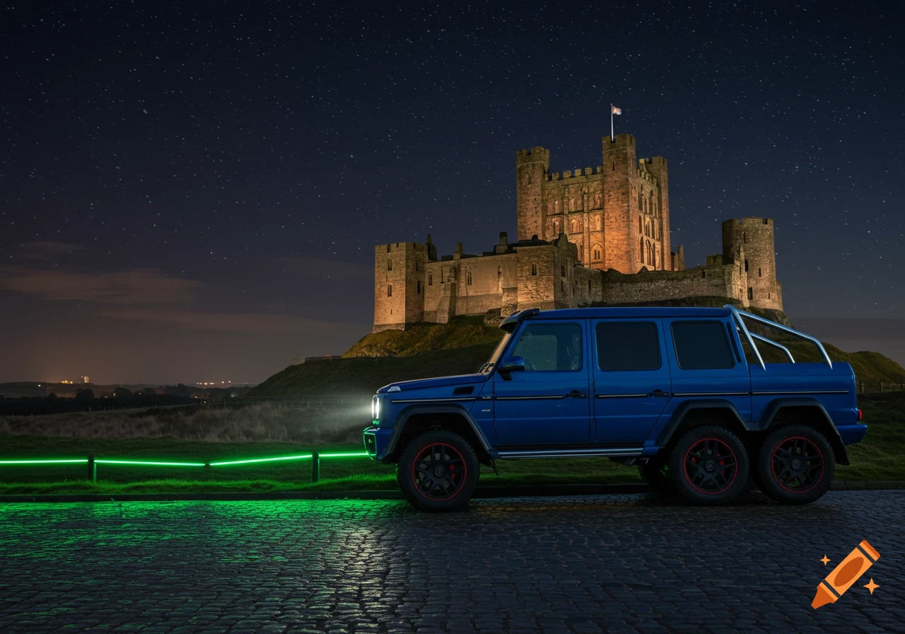 A blue 6-wheeled Mercedes G-wagon parked on cobblestones at night with a lit castle in the background under a starry sky.