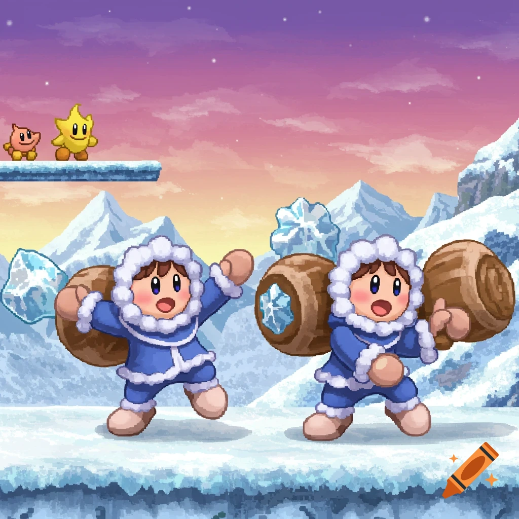 Pixel art of two Ice Climbers carrying barrels in a snowy mountain scene with characters in the sky.