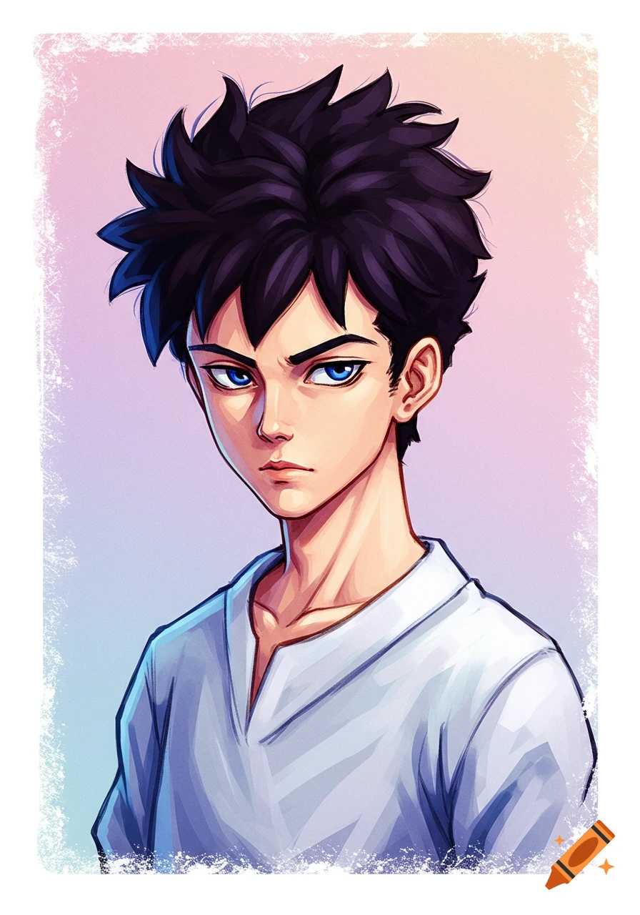 A young man with spiky black hair and blue eyes