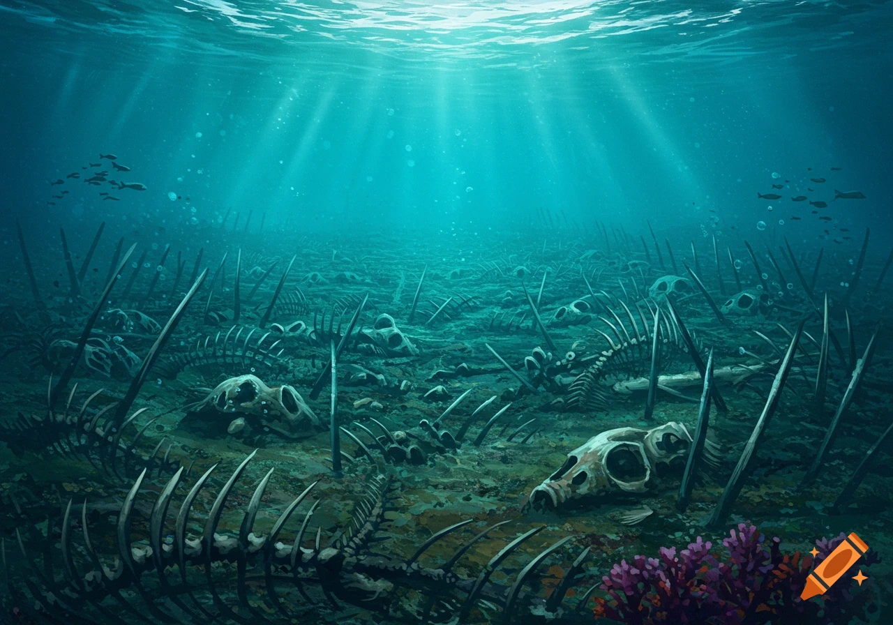 Underwater scene with skeletons and bones on the seabed.