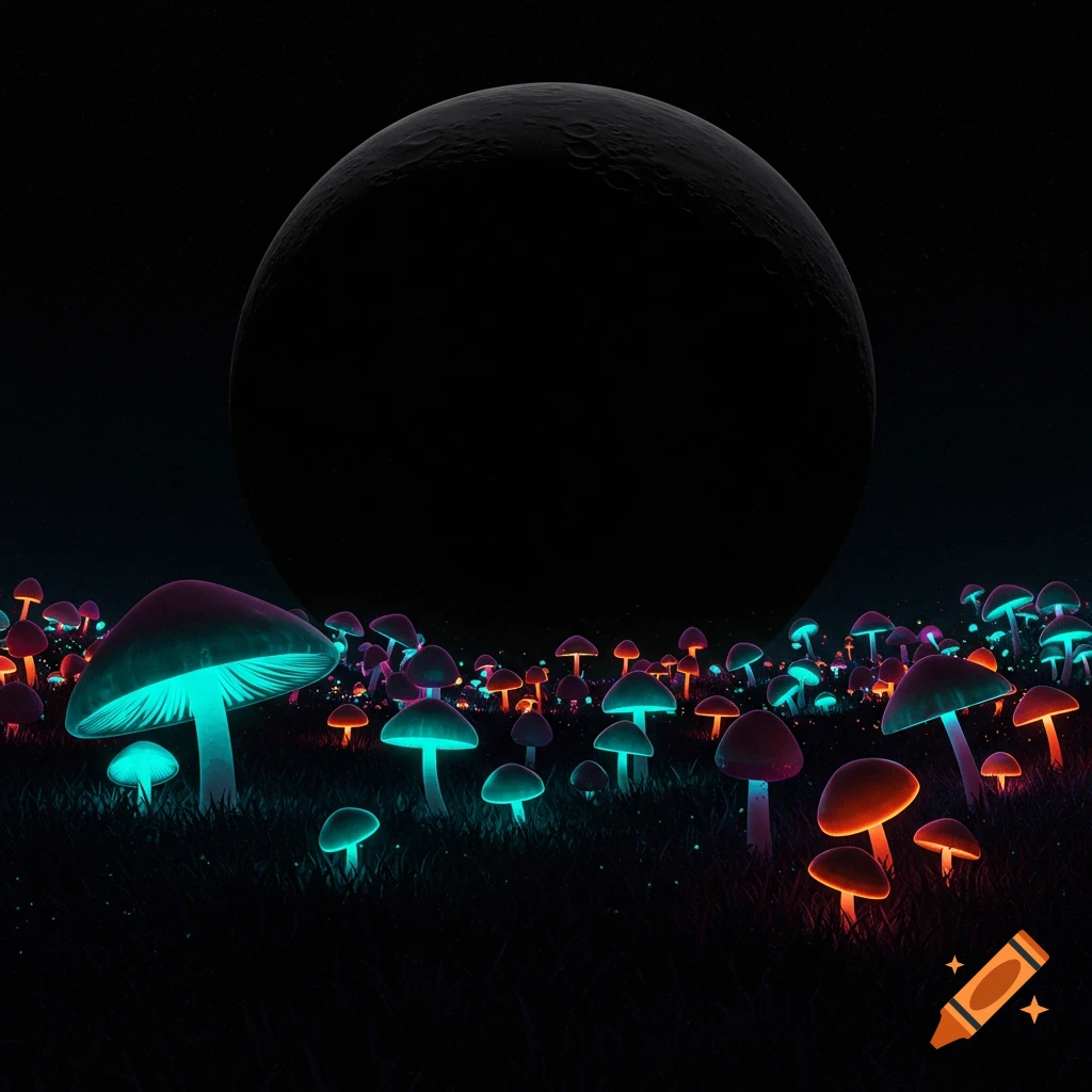 Glowing mushrooms in a field under a large black moon at night.