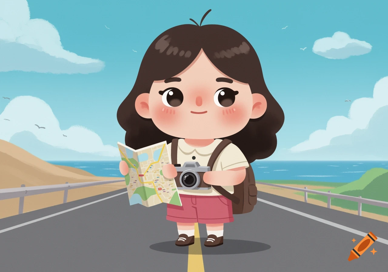 A cute animated illustration of a girl traveler holding a map and camera on a road by the ocean.