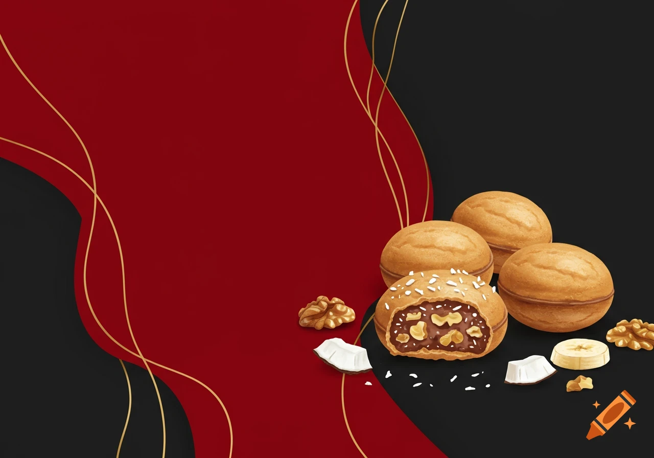 Illustration of walnut, coconut, and banana cookies on a red and dark background with gold lines.