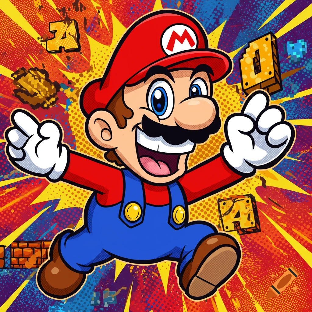 Cartoon depiction of Mario jumping among pixelated elements and blocks.