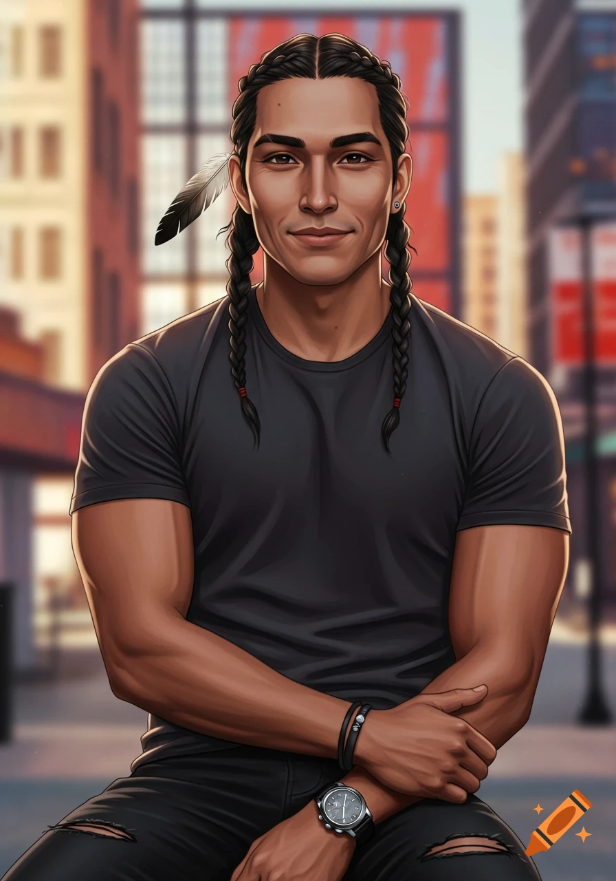 A handsome Native American man with braids and a feather is wearing a black shirt, in an urban setting.
