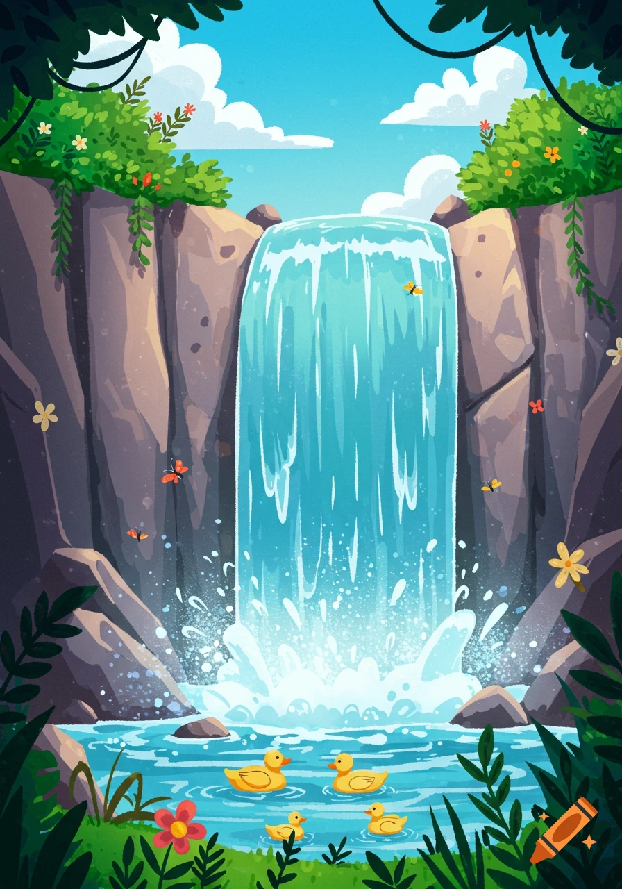 Cartoon illustration of a waterfall cascading into a pond with rubber ducks swimming and butterflies fluttering nearby.