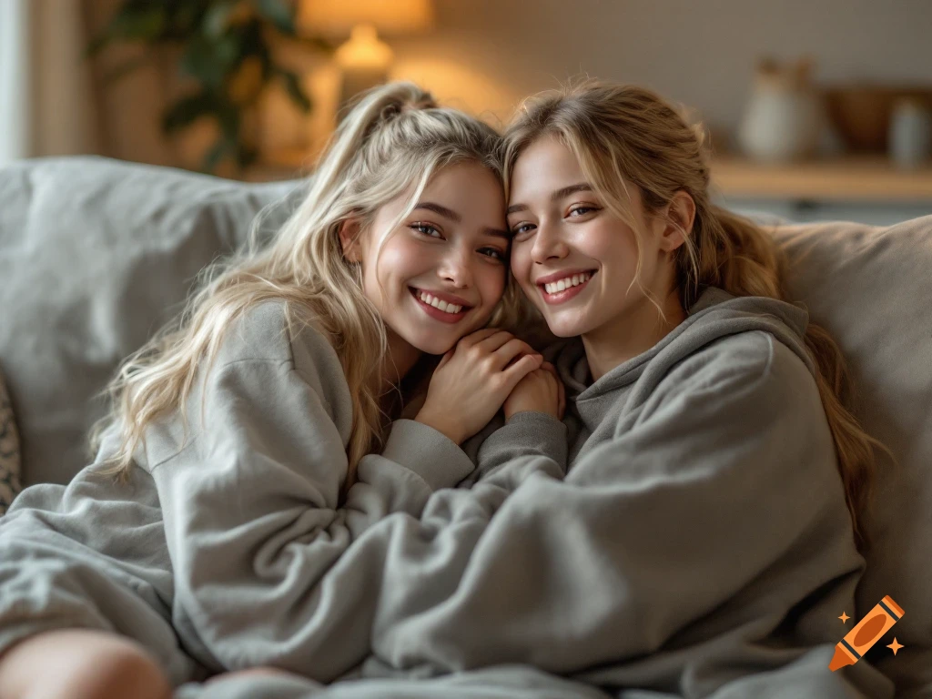 Realistic photo of two young women cuddling on a couch, smiling.