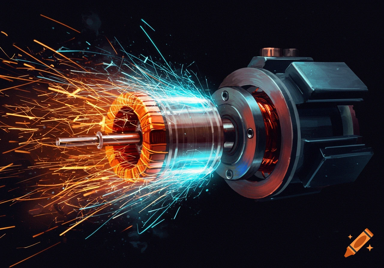A DC motor with sparks flying off it against a dark background