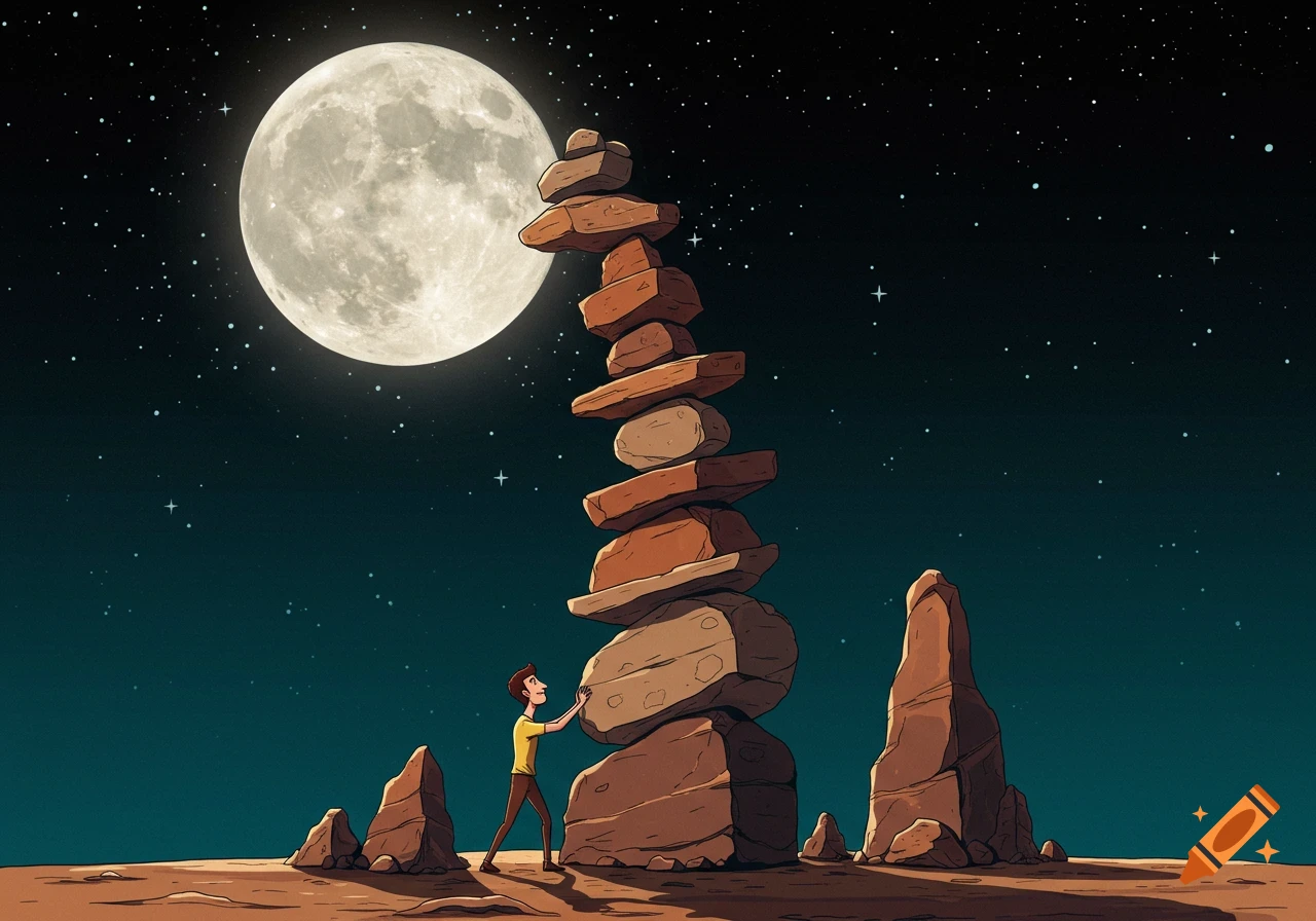 A person balances a tall stack of rocks under a large full moon in a starry night sky.