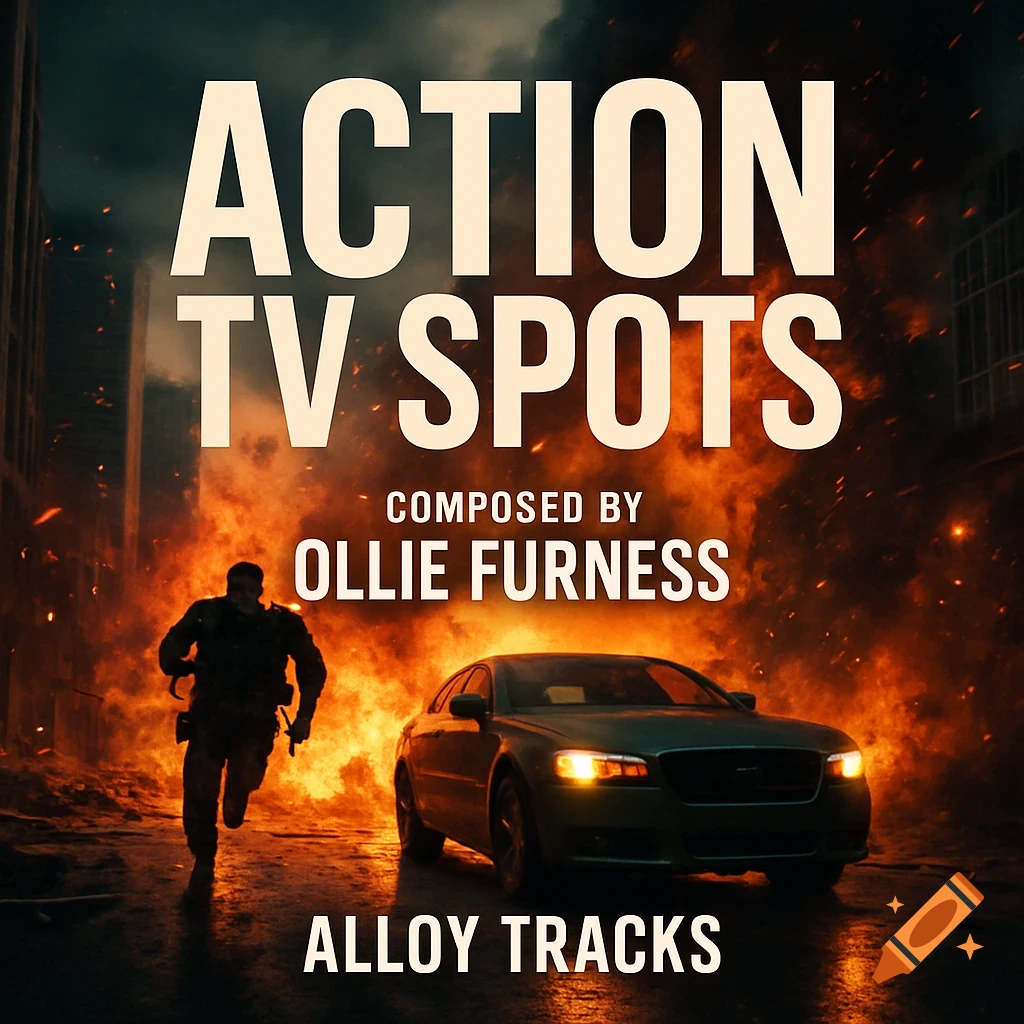 Cinematic action scene album cover with person running from fire, a car, and title text.