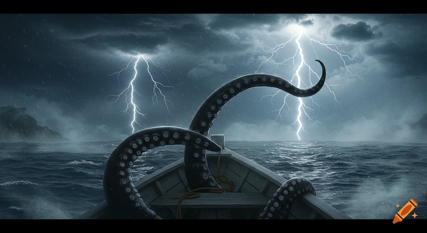 Giant dark tentacles emerge from a stormy sea to attack a wooden boat under lightning strikes.