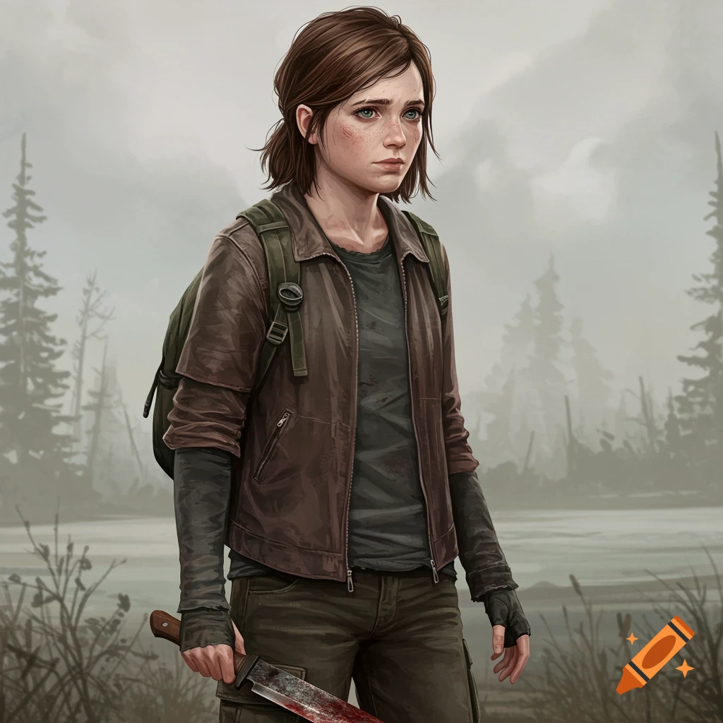 Ellie from The Last of Us holds a bloody knife in a bleak landscape.