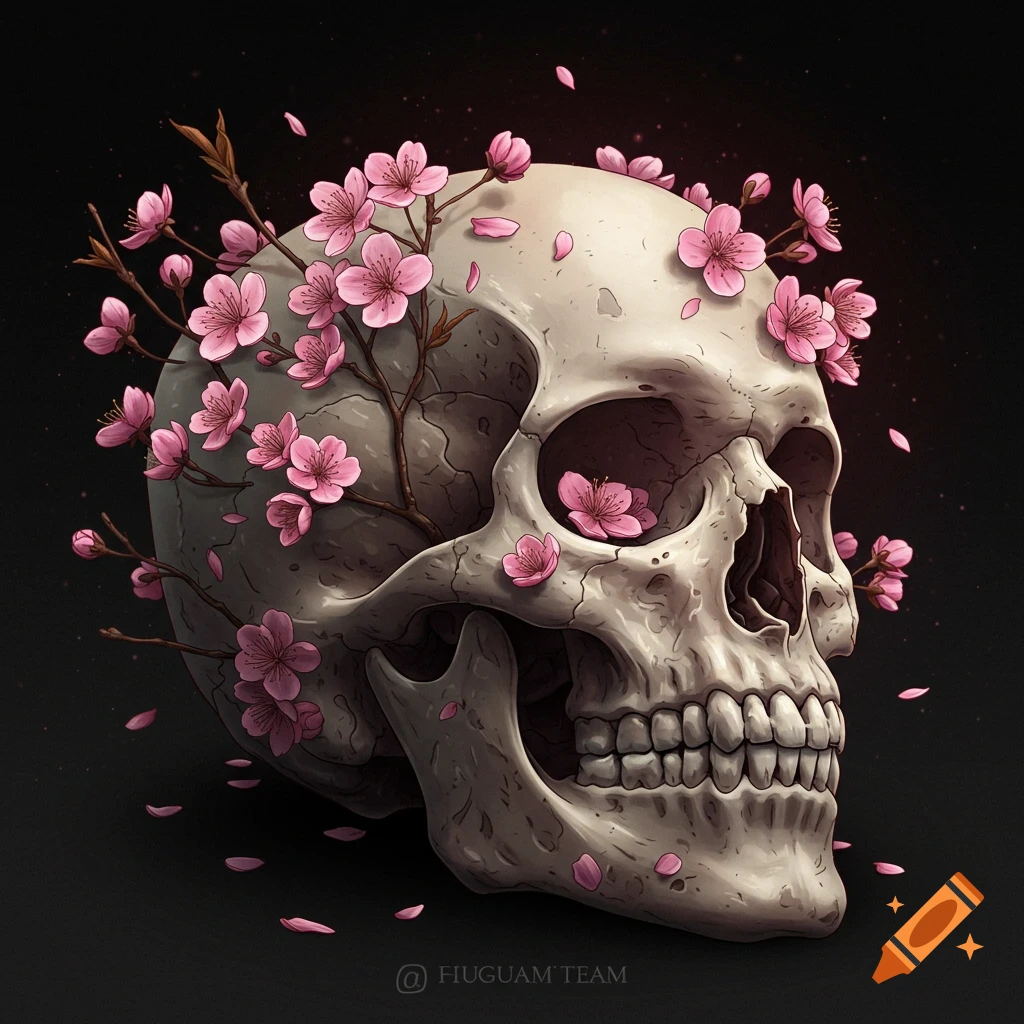 A skull covered in blooming cherry blossoms.