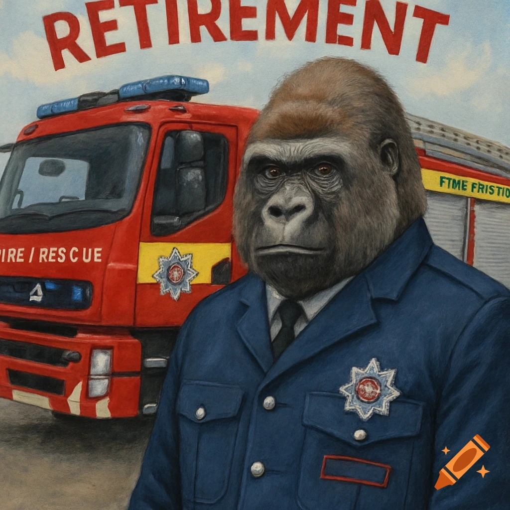 A gorilla in a firefighter uniform next to a fire engine with 'RETIREMENT' text.