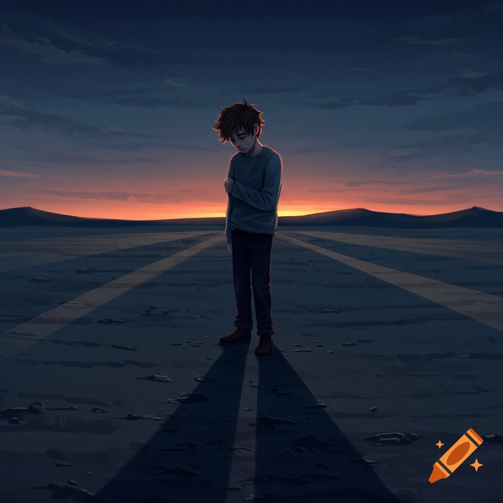 A person standing alone in a desolate landscape at sunset, looking down.