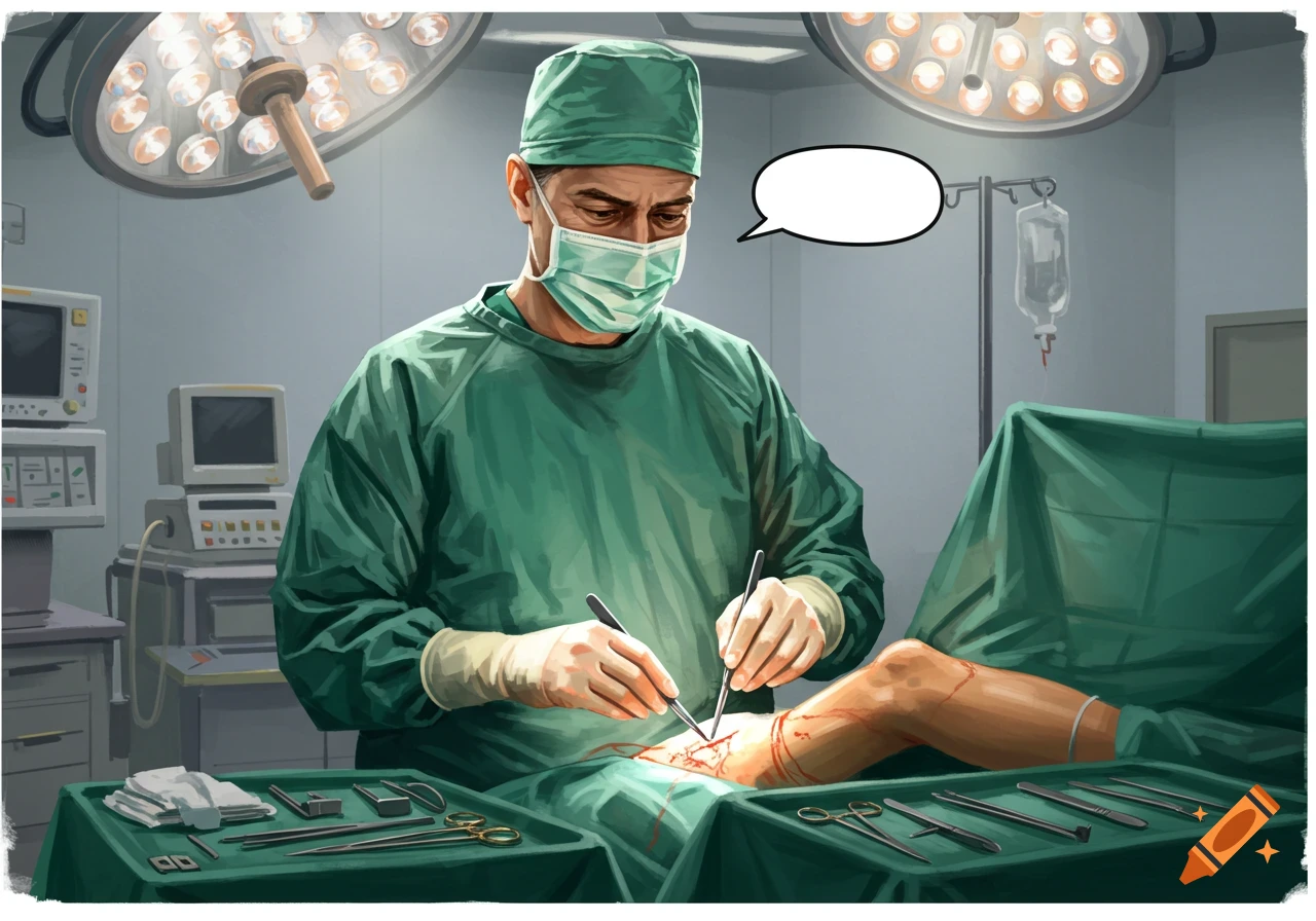 A surgeon is operating on a leg in an operating room. A speech bubble is above the surgeon.