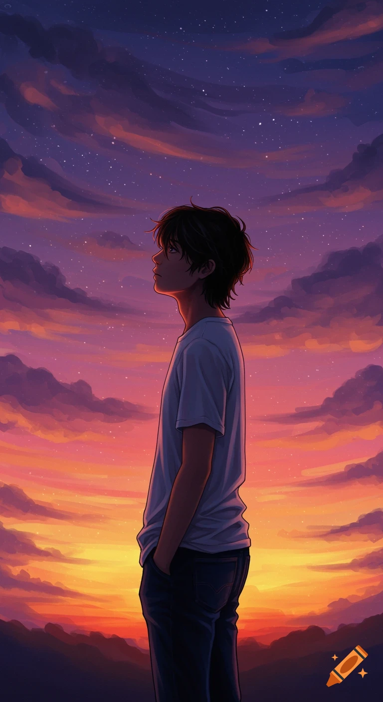 Young man stands looking at a vibrant purple and orange sunset sky with clouds and stars, digital art.
