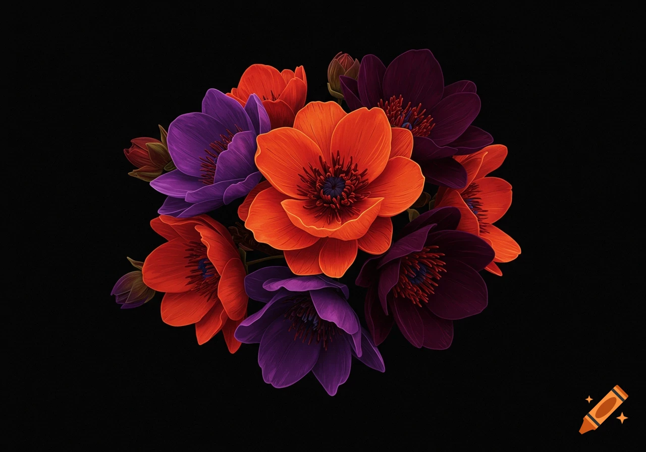 Digital art illustration of a bouquet of red, orange, and purple flowers against a black background.