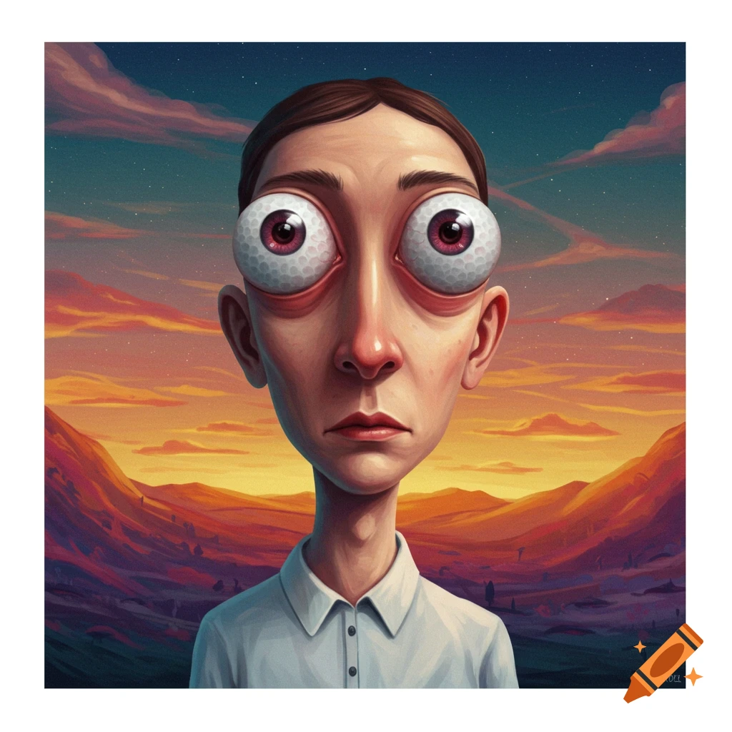 A person with golf ball eyes stands in a surreal sunset landscape.