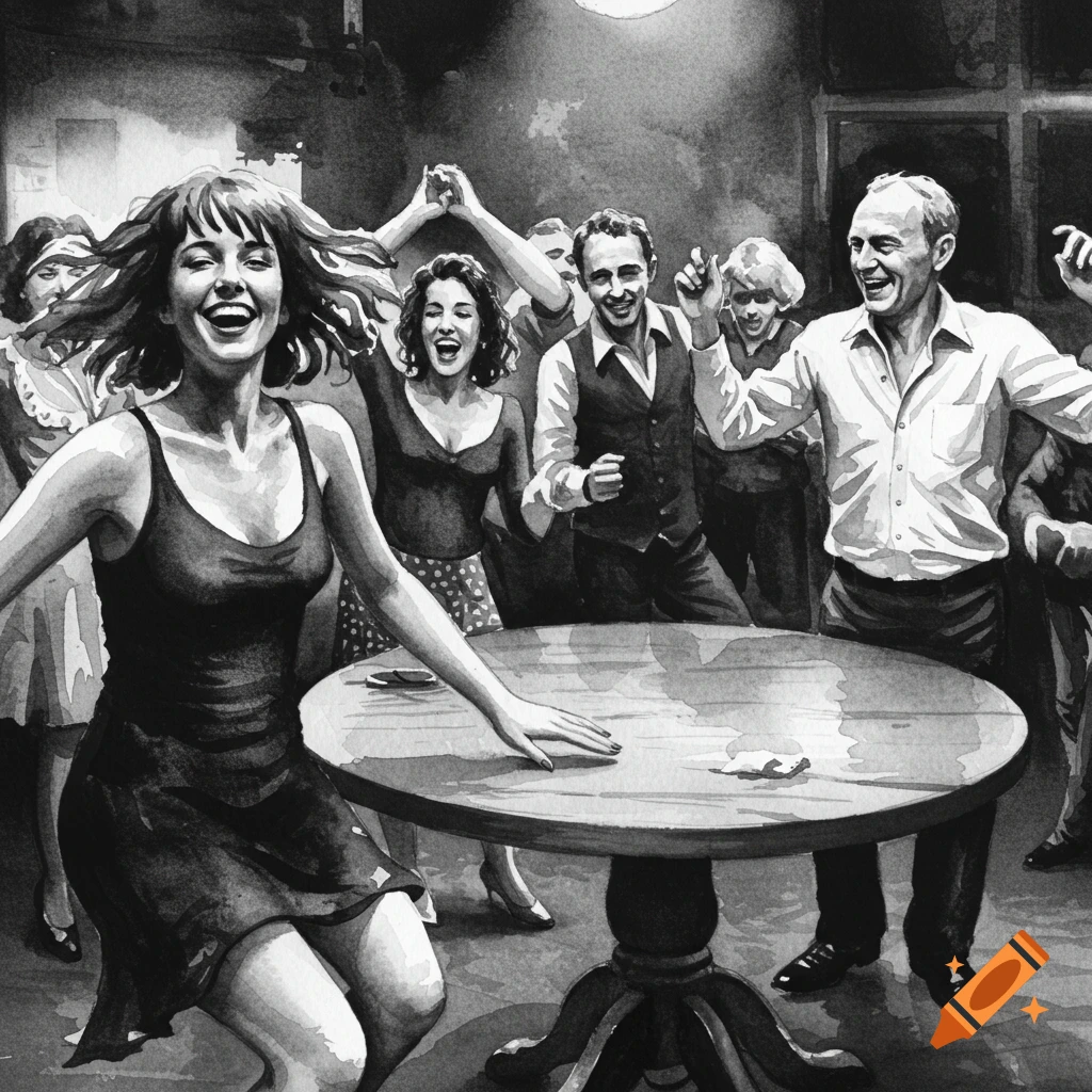 Black and white watercolor of people dancing around a table.