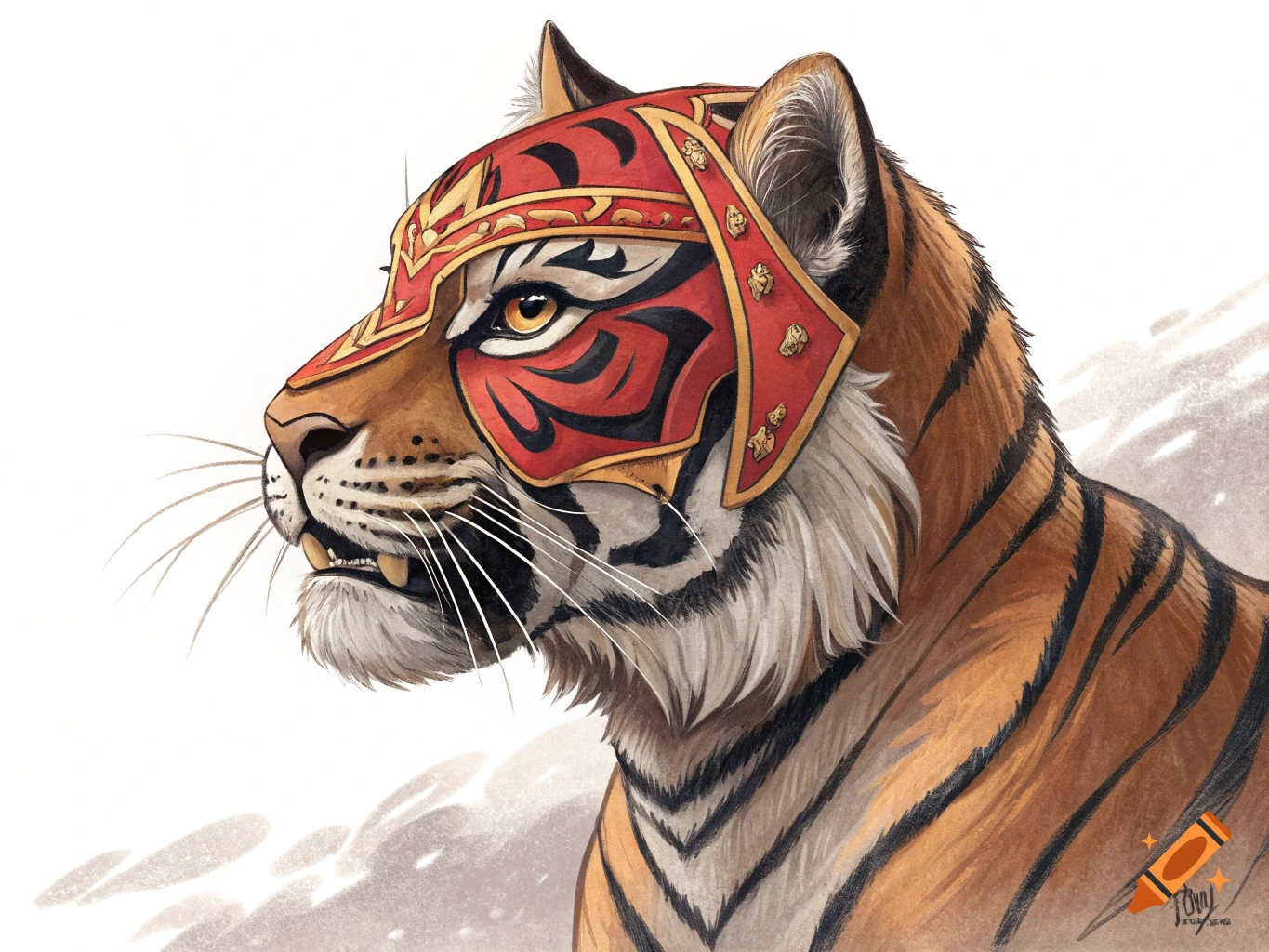 Illustration of a tiger wearing a red and gold mask in profile.