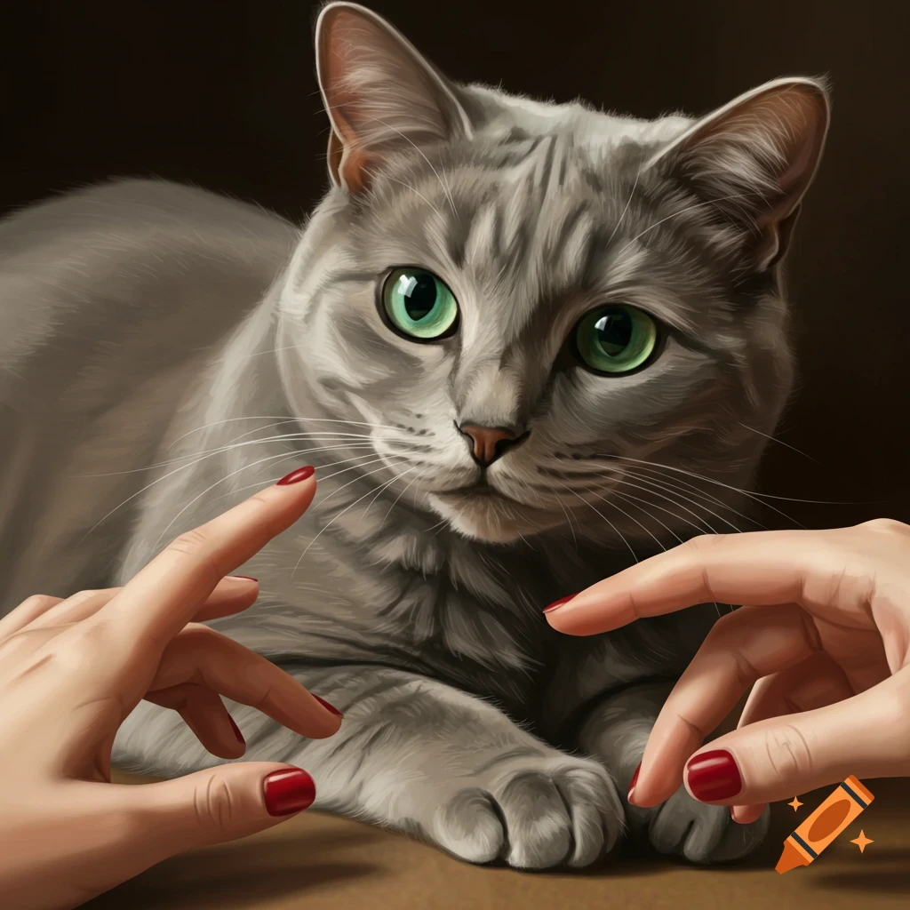 A gray cat with green eyes is being reached for by two human hands.