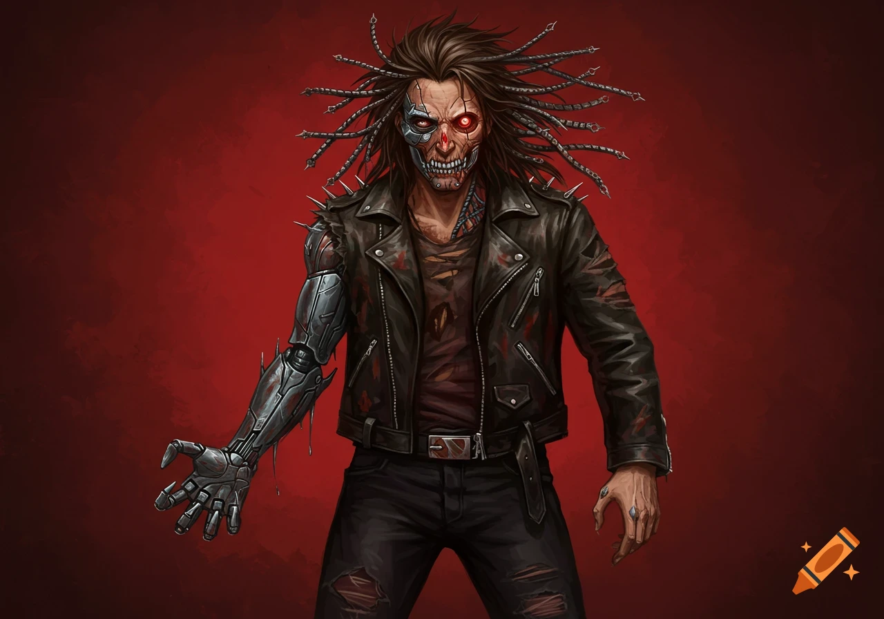 A cyborg man with a metal face, glowing red eye, and robotic arm, wearing a ripped leather jacket against a red background.