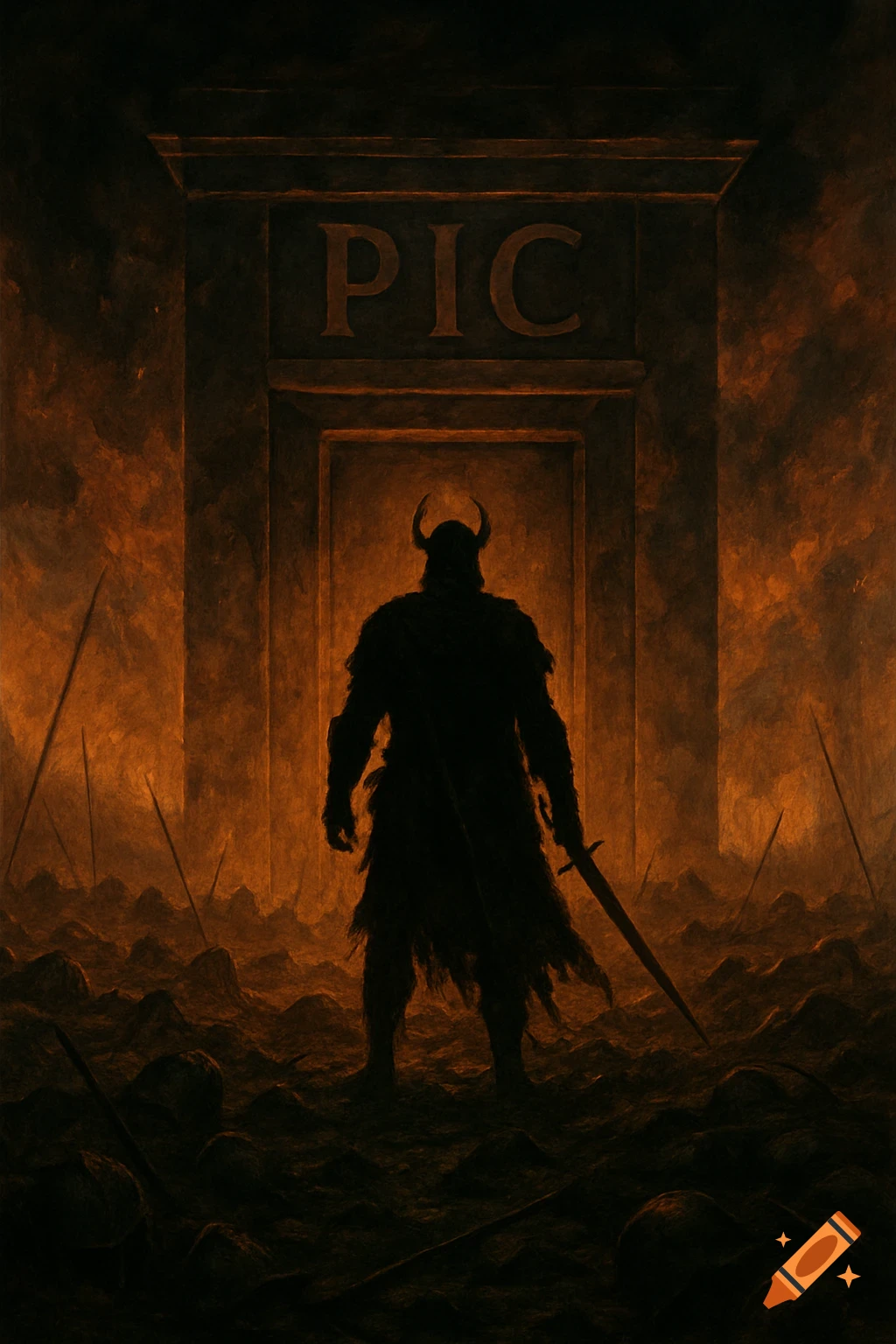 Dark image of a silhouetted warrior in a battlefield before a door with 'PIC' on it.