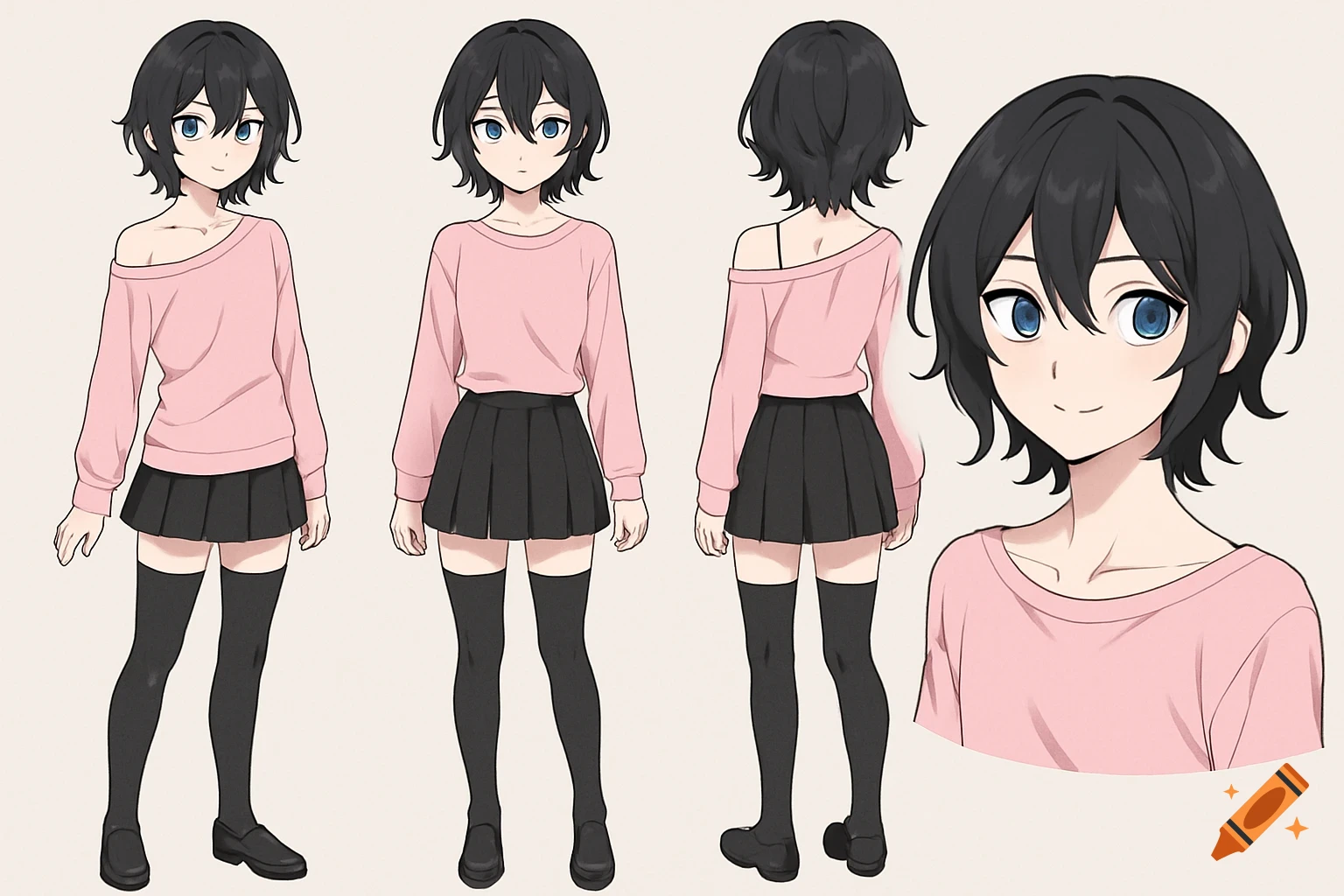Anime character sheet showing a person with short dark hair, blue eyes, wearing a pink shirt, black skirt, thigh-high socks, and shoes.