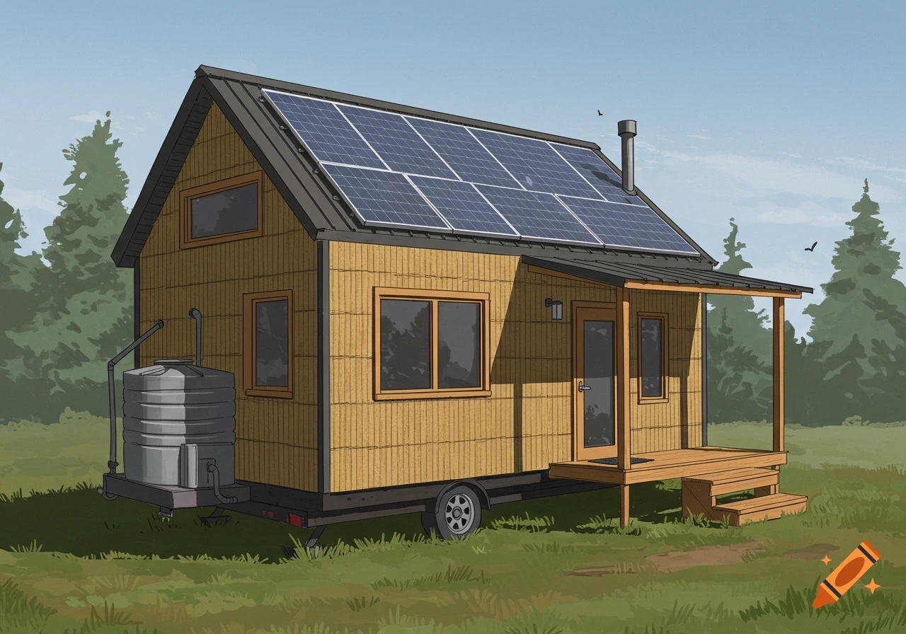 A tiny house with solar panels, a porch, and a rainwater tank in a forest.
