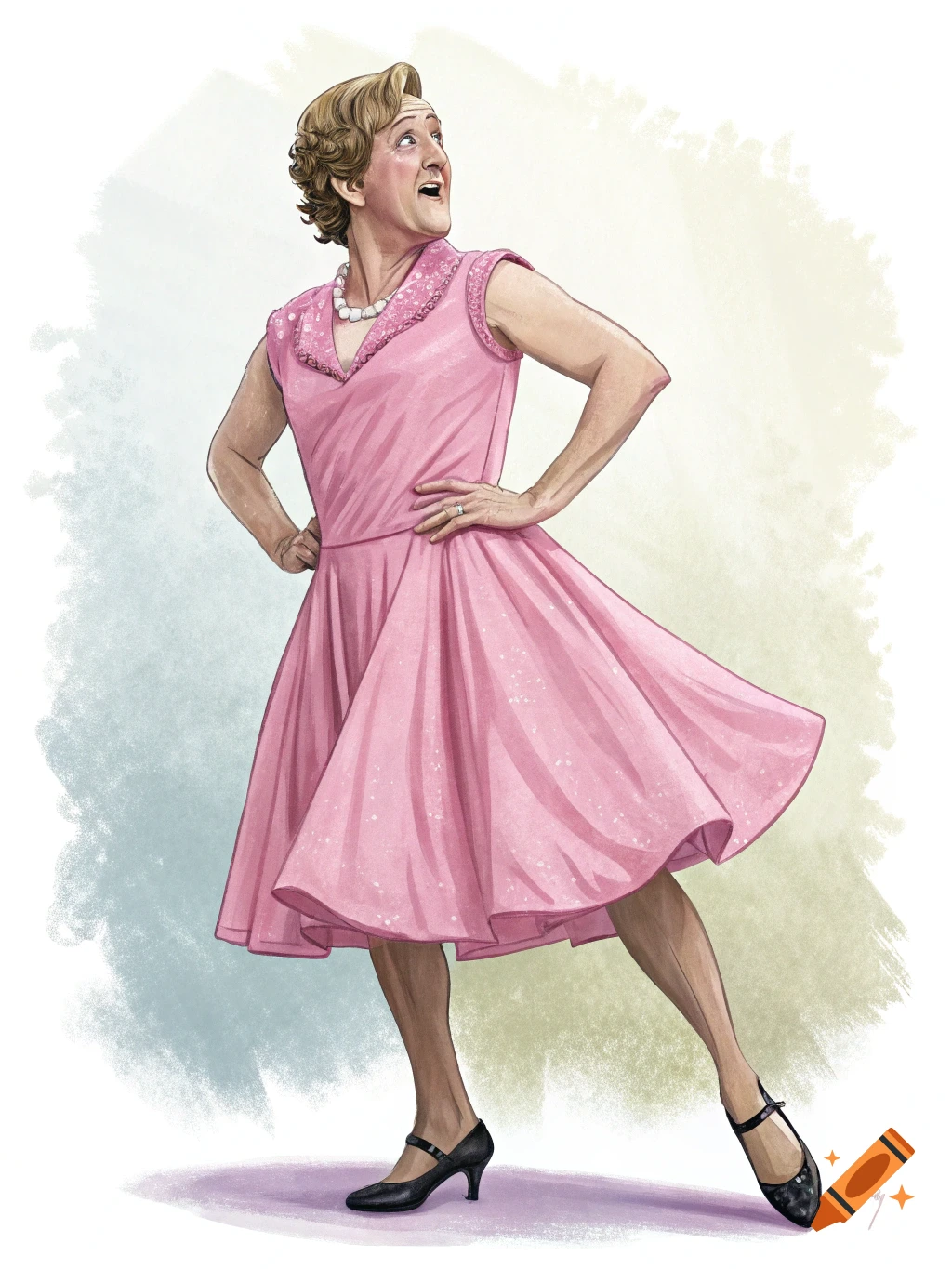 An illustration of a person in a pink dress striking a pose.
