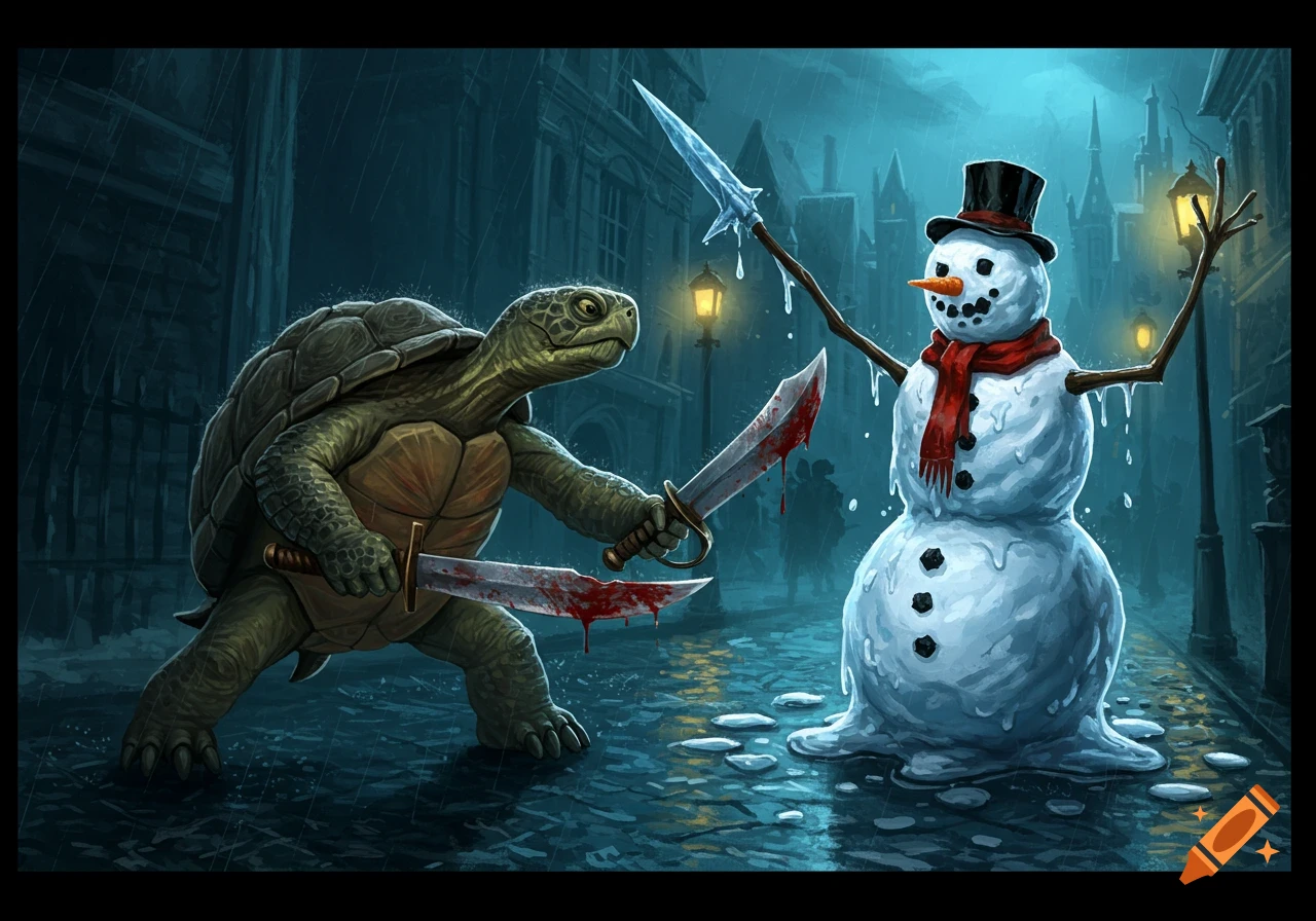 A turtle fights a melting snowman with bloody swords in a dark city street.
