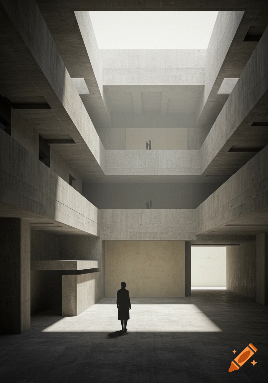 A person stands in a large concrete brutalist building with multiple levels and dramatic lighting.