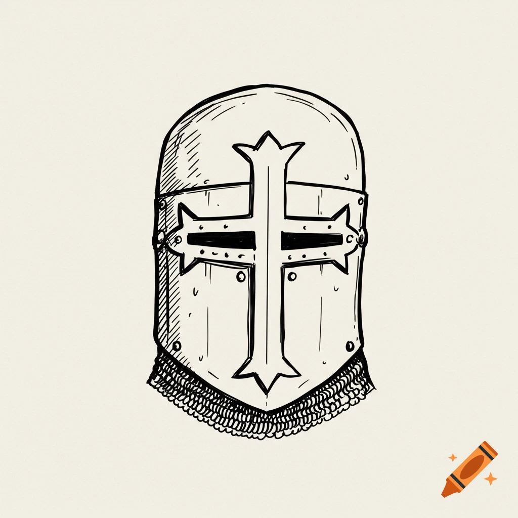 Simple sketch of a medieval helmet with a cross on the face.