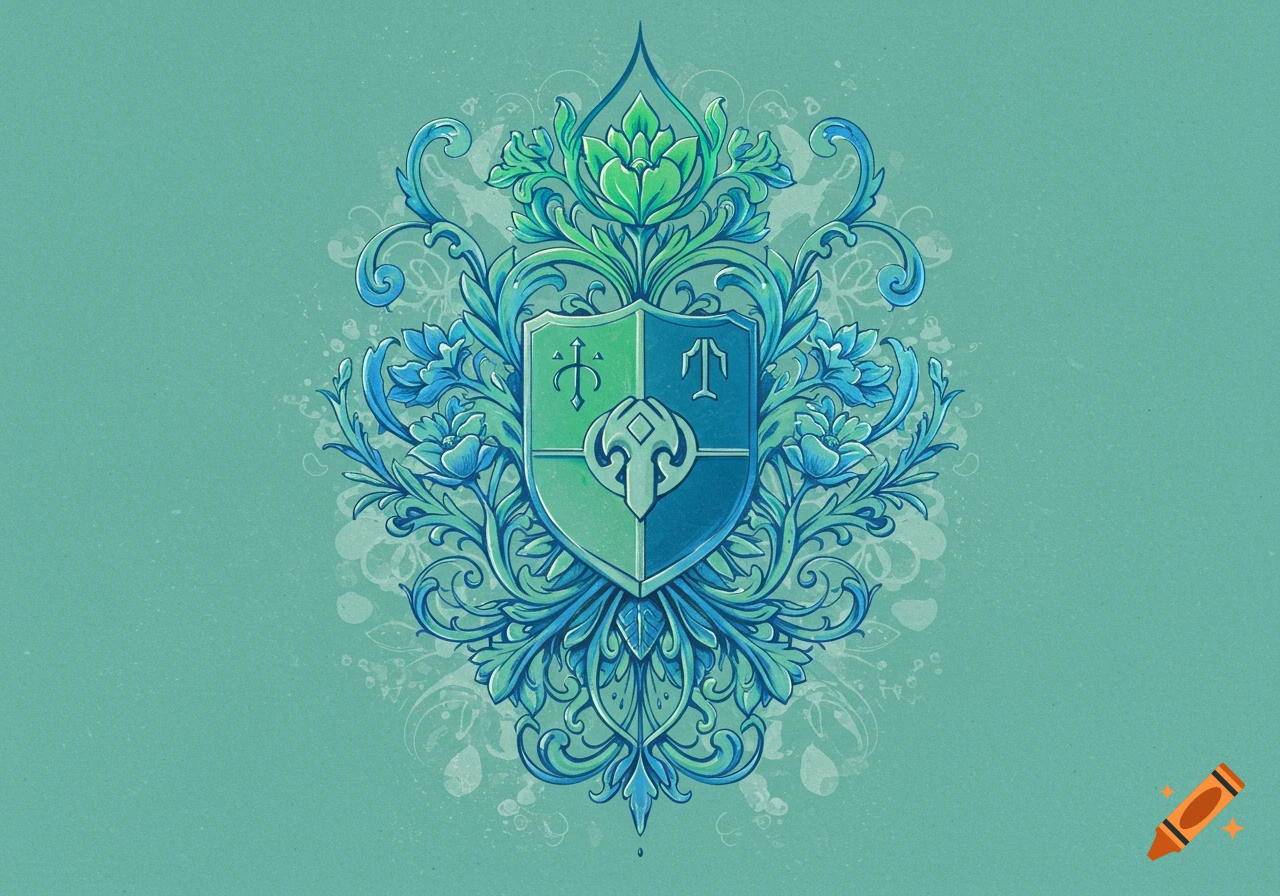 Stylized green and blue shield crest with symbols and ornate floral designs on a green background.