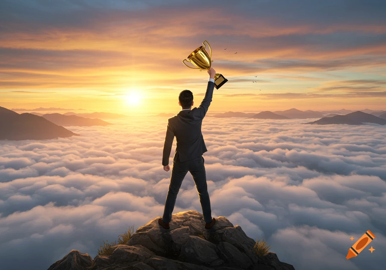 A man in a suit stands on a mountain peak above clouds at sunset, holding a gold trophy.