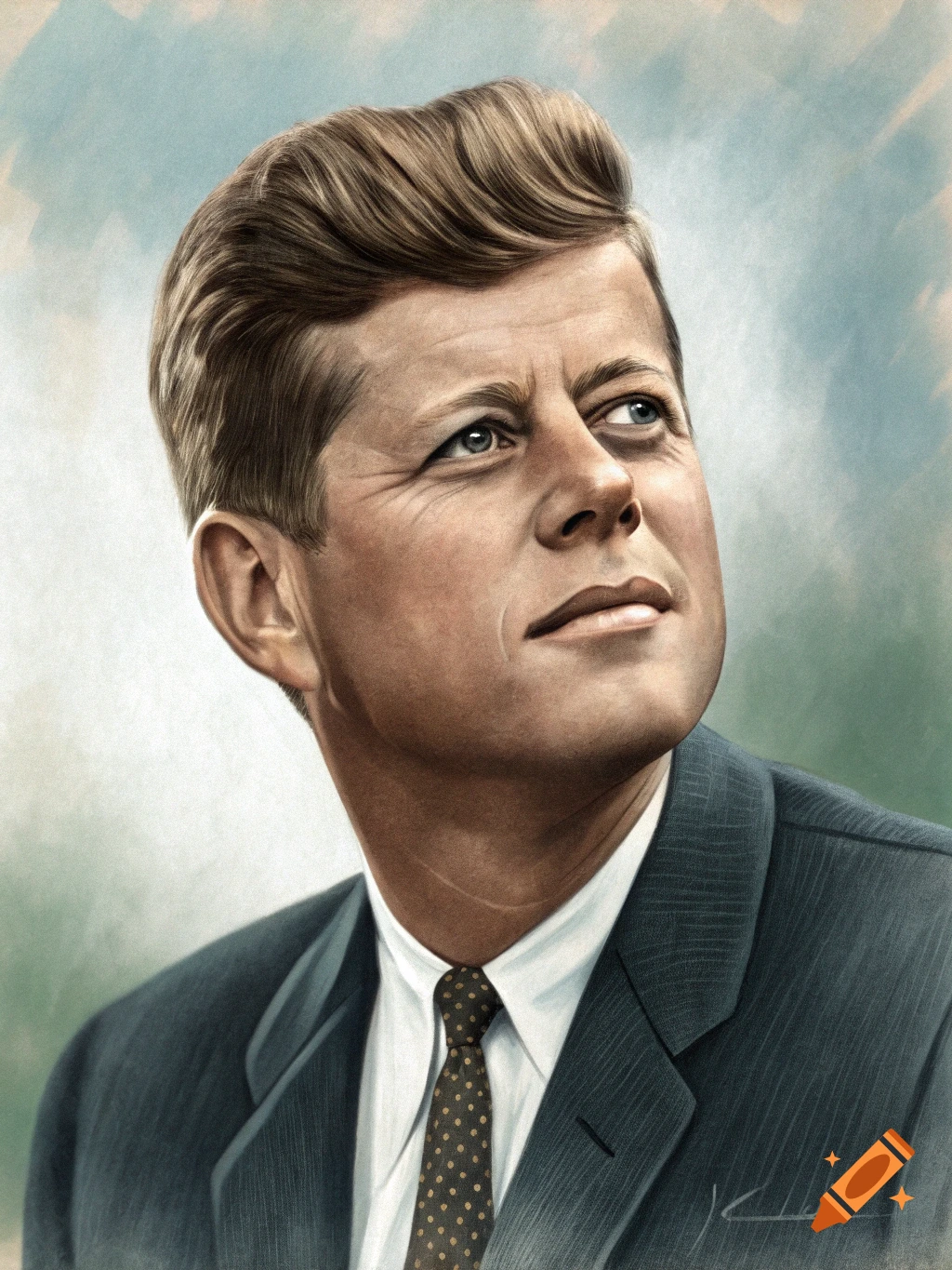 Painterly portrait of John F. Kennedy looking upwards