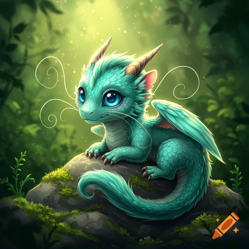 A cute baby dragon with turquoise scales and big blue eyes sits on a rock in a forest.