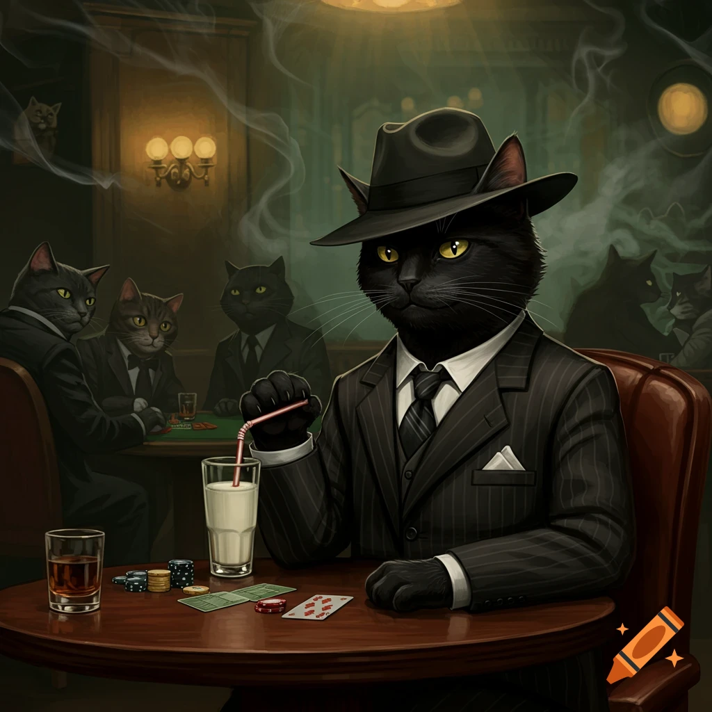 A black cat in a suit and fedora plays poker with other cats in a smoky room.