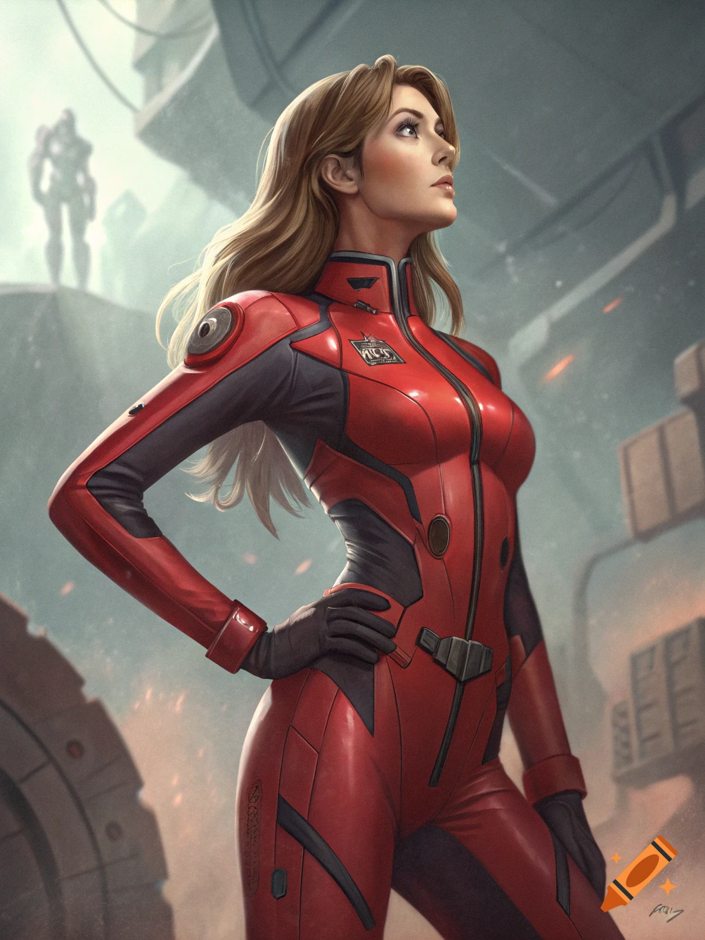 A woman in a form-fitting red sci-fi plug suit poses in a futuristic industrial setting with a large robot in the background.