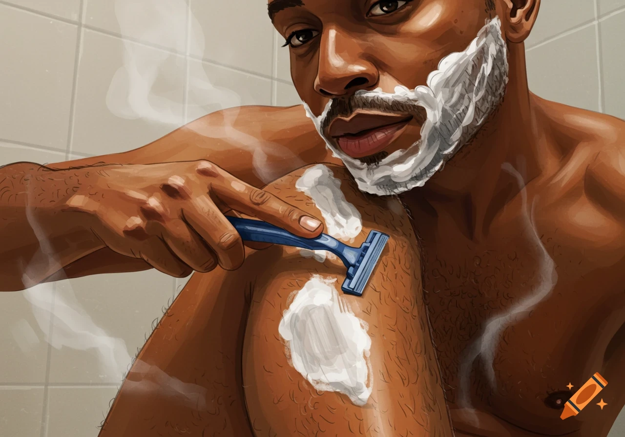 A man shaves his leg with a razor and shaving cream.