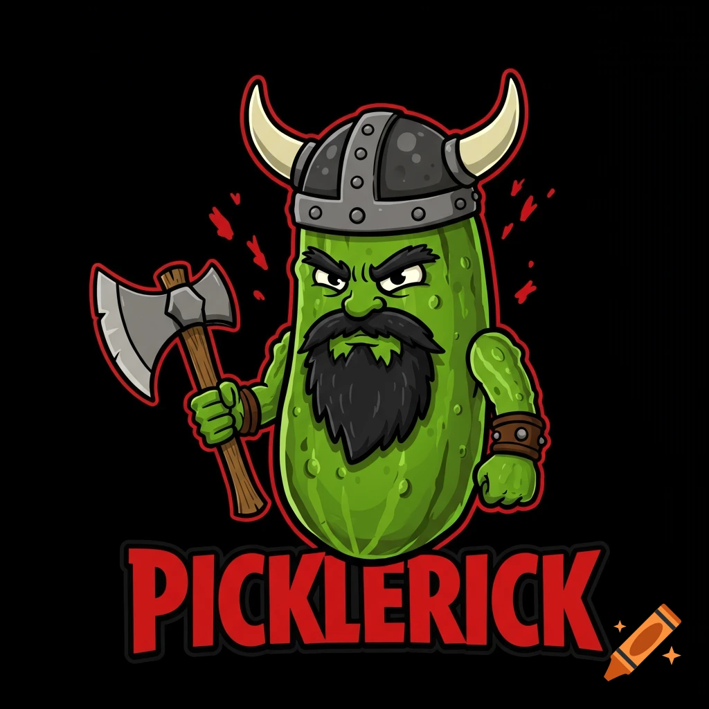Cartoon illustration of a pickle dressed as a viking holding an axe, with 'PICKLERICK' written below.
