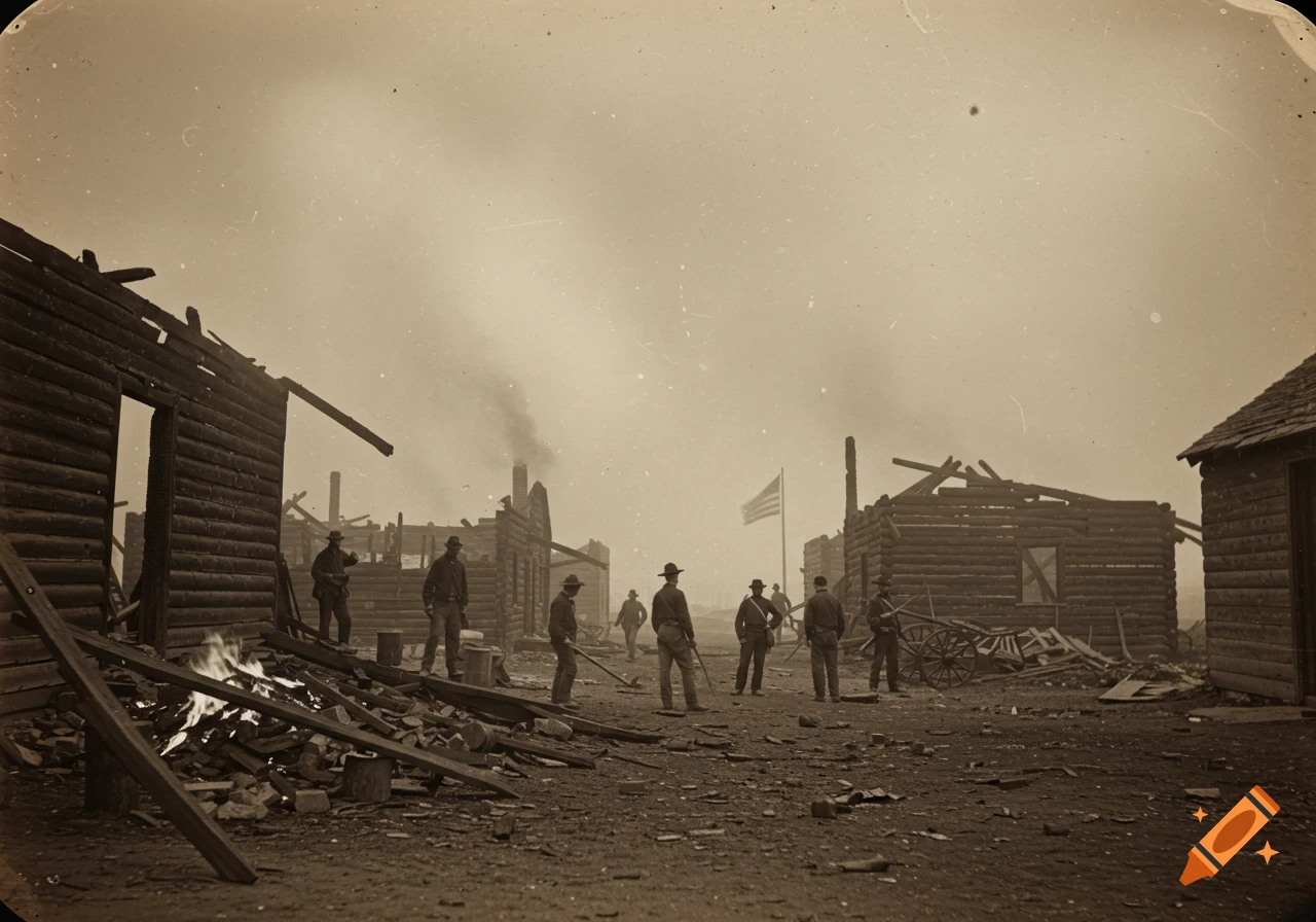 Vintage photo of soldiers standing in the ruins of a burned fort with an American flag