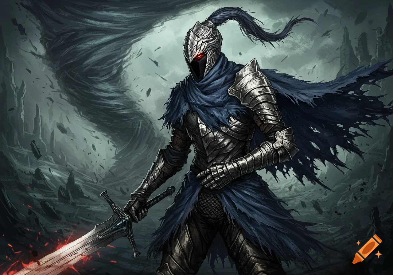 Dark fantasy knight in armor with red eyes and blue cape holding a sword against a dark swirling background.