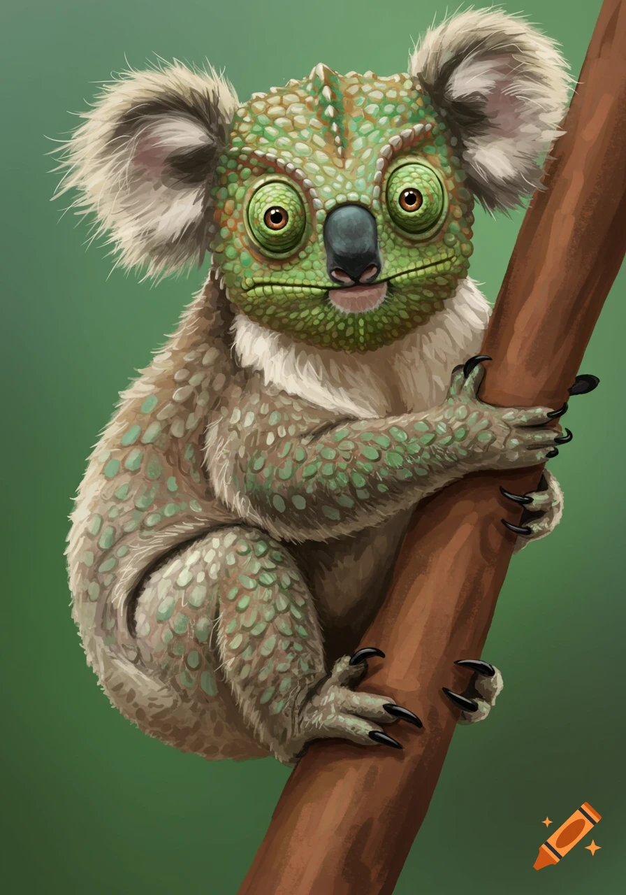 A koala and chameleon hybrid animal is on a tree branch.