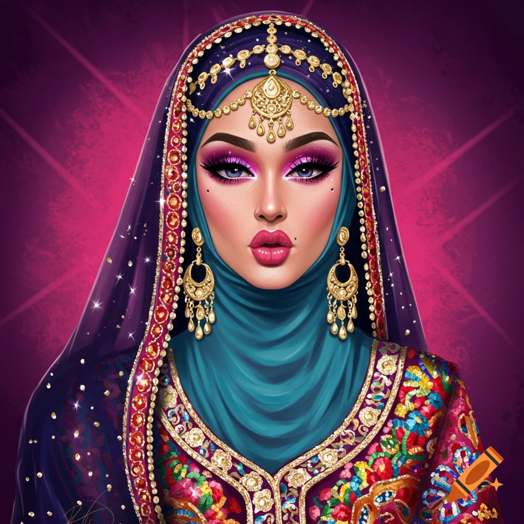 Portrait of a woman wearing ornate traditional headwear and dress, with ...