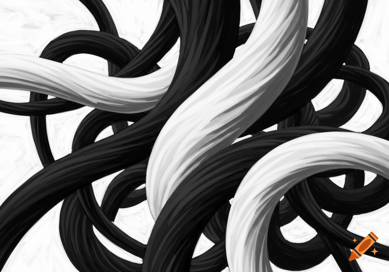 Intertwined black and white spiraling shapes